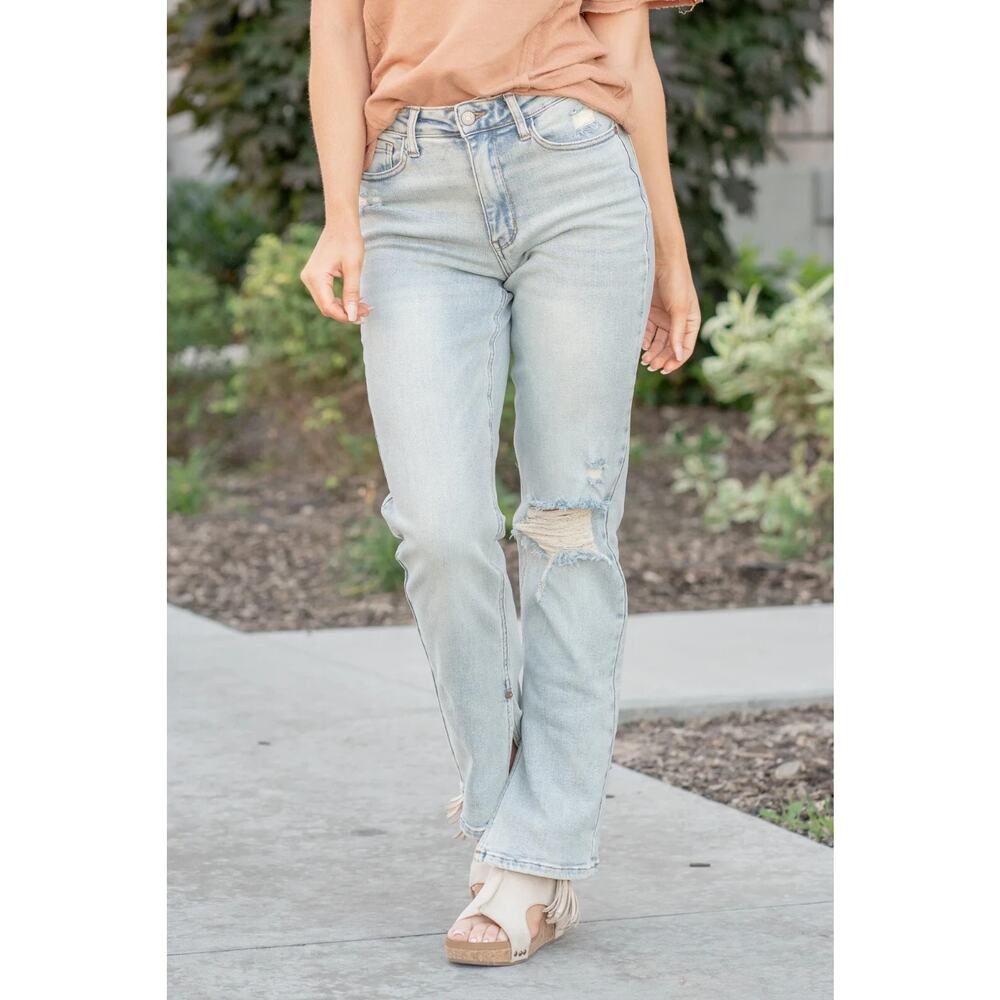 Judy Blue Adrian High Rise Straight Leg Jeans Distressed Slit Hem Size 11 30 - Picture 3 of 16